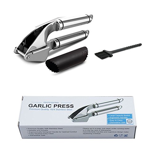 garcoo Edelstahl-Knoblauchpresse, inkl. Schäler und Reinigungsbürste, Set, zum Schälen und Pressen von Knoblauch, mit Silikon-Rolle, edelstahl, A - 6
