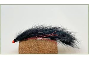 TROUTFLIESUK Hothead Fishing Fly, 4 Pack Hothead Black Red Flash Snake Zonker Flies, Size 10, Rear Hook, Fly Fishing, Hot head Lures.