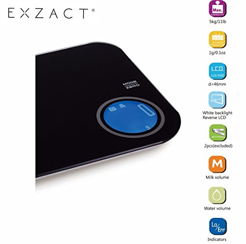 EXZACT EX9530 Elektronische Küchenwaag / Digitale Waage – Hartglasplattform – Berührungsknopf – 5kg/11lb (Schwarz) - 3