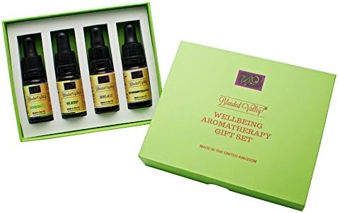 Aromatherapy Wellbeing Gift Set - Four Essential Oils Blends - Concentration, Sleep, Relaxation and Energy Oil. Use with Aroma Diffuser, Incense Burner or Humidifiers. For Natural and Healthy Living