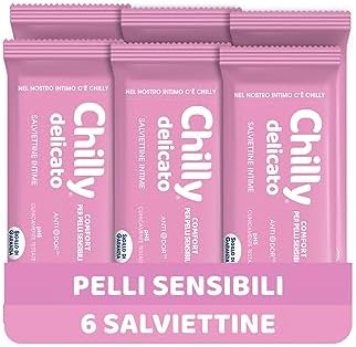 Chilly Salviettine Delicate, Salviette per l'Igiene Intima, Azione Delicata, Tessuto 100 % Biodegradabile, Ottimi Fuori Casa, PH 5 Delicato, Clinicamente Testato, Confezione da 6 Pezzi