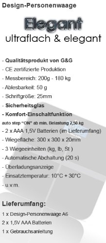 G&G A6 180kg DESIGN Digitalwaage Personenwaage AAA Batteriebetrieb GLAS Scale (Schwarz-Kreuz) - 4