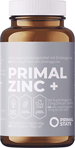 PRIMAL ZINC+ Tabletten - 180 Zink Tabletten hochdosiert mit 25mg Zink und Kupfer - Halbjahresvorrat - Aus Zinkbisglycinat und Kupfer-Bisglycinat - Vegan, Laborgeprüft & ohne Zusätze