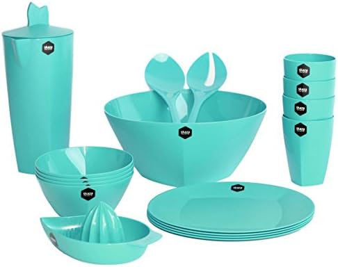 Viva 17 Pcs Plastic BPA Free Dinner Party Picnic Camping Caravanning Set – Tumbler Plate Bowl Set Salad Servers Jug (Blue)