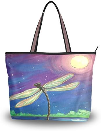 UHONEY Extra Large Handbags for Women,Colorful Dragonfly In Sunset Decoration Navy Blue,Fashion Design Ladies Shoulder Tote Bag