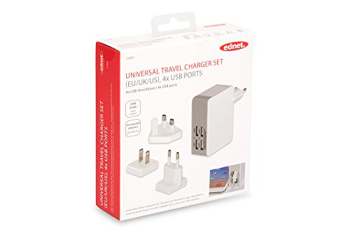 ednet Universal USB Reise Ladeadapter / Ladegerät, 4-Port, max. 5V/4.8A, 3 Stecker EU/US/UK, weiß - 4