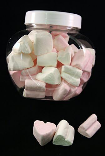 marshmallows pink and white heart shapes in heart shaped jar