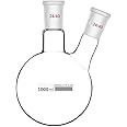 FZN 2 Neck Round 1000 ML Bottom Boiling Flask with 24/40 Center & Side Joints Angled Receiving Reflux Flask Multi Neck Apparatus Organic Chemistry Lab Glassware