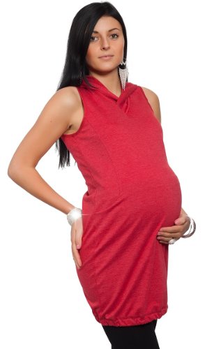 Pregnancy Tunic Maternity Sleeveless Jumper Long Hooded Top Pockets 847 (UK 6/8 EU 34/36, Red)