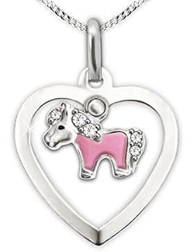 CLEVER SCHMUCK-SET Silberner Anhänger Herz 15 mm mit Einhänger Pony 5 mm rosa lackiert glänzend mit Zirkonias...
