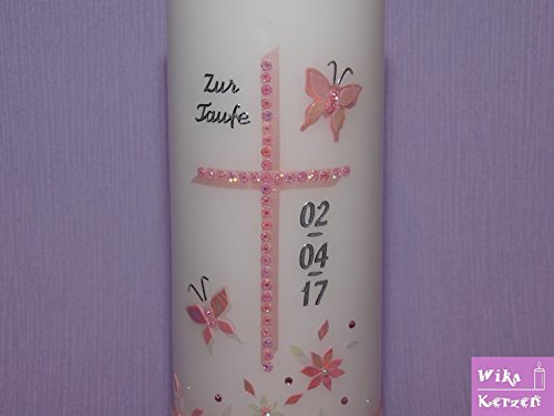 Taufkerze Kommunionkerze 25x8 cm für Mädchen Rosa Blümchen mit schmetterling und Kreuz - 3