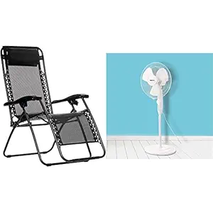 AmazonBasics Steel Zero Gravity Reclining Lounge Portable Chair, Black & High Speed 55 Watt Oscillating Pedestal Fan, 400mm Sweep Length (16 inches), White