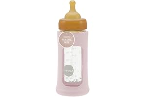 HEVEA Plastic-Free Wide Neck Glass Baby Bottle with Sleeve - Medium Flow Anti Colic Baby Bottles 3-24 months - Eco-friendly, BPA-free, Single-pack (250 ML)