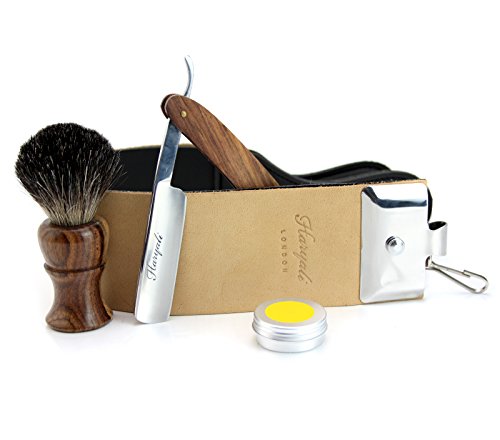 Haryali Hand Assembled Classic Collection Straight Cut Throat Wooden Shaving Razor Wooden Black Badger Hair Shaving Brush Brown Leather Strop & DOVO Honing Paste.