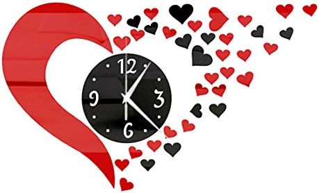 DIY Wall Clock Acrylic Heart Shapes Mirror Effect Large Wall Clocks Unique Interior Decoration 500x400x1mm (Red+Black)