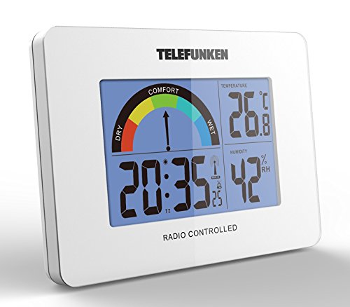 TELEFUNKEN FUD-40COM (W) Funkwecker mit Raumklima-Komfort-Anzeige Innentemperatur Luftfeuchte Thermometer Funkuhr Wecker Acrylglasblende weiß