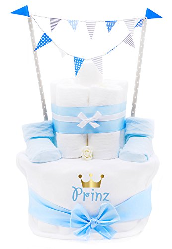 Preisvergleich Produktbild Trend Mama Windeltorte Junge hellblau Prinz Fähnchen-Girlande Lätzchen Babysocken