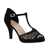  Stiefelparadies Riemchensandaletten Damen Pumps Spitze Sandaletten Strass Stilettos 139683 Schwarz 38 Flandell