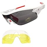VeloChampion Warp Cycling Running Sports Sunglasses - (with 3 lens: inc smoked, clear) (White Frame with Red Nose and Re