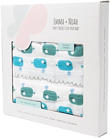emma & noah Baby Swaddle Blanket, Silky Soft and Soothing Swaddle Cloths for Restless Newborns and Babies, 120 cm x 120 cm, 100% Cotton, Colour: Whale Blue, Ideal as Muslin Swaddle Blankets