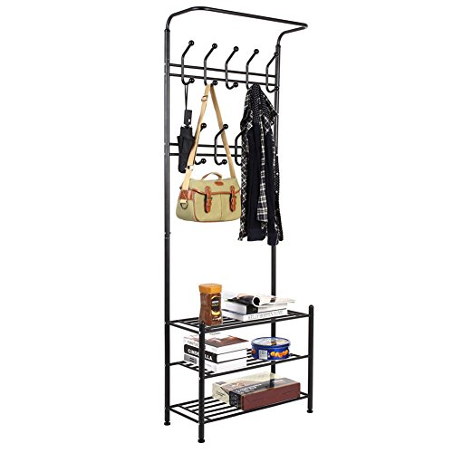 HOMFA Garderobenständer Kleiderständer 3 Ablagefächer Schuhablagen mit 18 Garderobenhaken, Höhe 190cm, Breite 68cm, Tiefe 30cm, Schwarz - 8