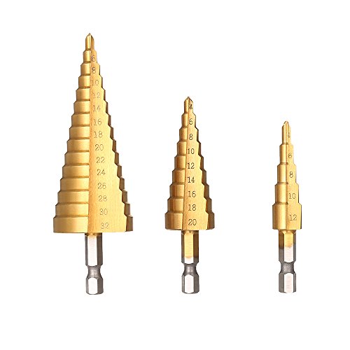 Gocheer 3 pcs punte a gradini hss trapano in titanio kit set punte a gradini acciaio punte a gradini per legno per ferro 4-12 / 4-20 / 4-32mm 1/4 Hex Shank Hole Cutter