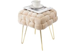 ‎ZEDELMAIER Zedelmaier Moderner Velvet Kosmetik Hocker, Quadratisch Ottoman-Fußhockermit goldfarbenen Metallbeinen, Gepolsterte Sitzhocker,Strick Samt Hocker (Beige, 38x38x41.5cm)