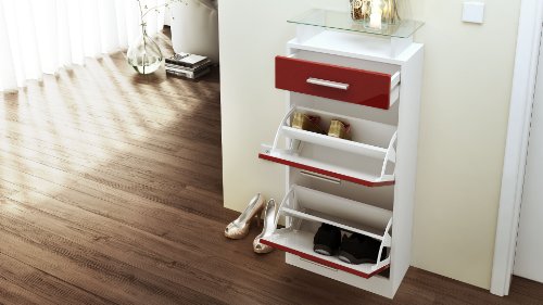 Schuhschrank Schuhkipper Loret V2, Korpus in Weiß matt / Front in Weiß Hochglanz - 3