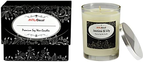 Luxury Jar Candle with Lid in Floral Scent of Jasmine & Lily โ Clean Burning Soy Wax Candle with Exotic Fragrance Made from Natural Oils and Packed in Premium Box (Jasmine & Lily with Lid, 7x8.4cm)