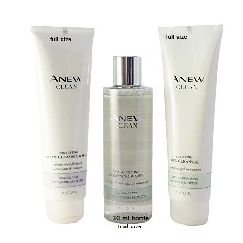 Avon Anew Clean Three Piece Set - Anti Aging 3-in-1 Cleansing Water, Comforting Cream Cleanser & Mask, Purifying Gel Cleanser
