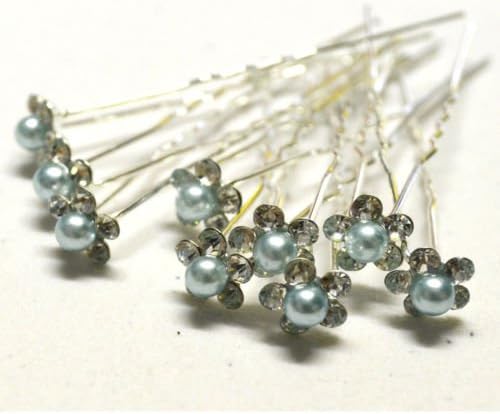 MontCherry Pearl Crystal Flower Diamante Wedding Bridal Prom 10 Hair pins with Bindi/Tatoo pack by Trendz (Light Grey)