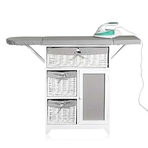 Melko Kommode 2 in 1 + Bügeltisch Bügelbrett mit Weidenkörben Weiß Grau