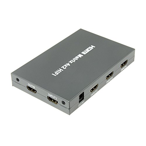 KanaaN HDMI Matrix 4×2 Splitter Switch Umschalter – 3D – FullHD 1080p + Fernbedienung + HDMI 1.3b (High Speed 4 zu 2 – Switch Umschalter Splitter Verteiler + SPDIF/ Toslink und 3,5mm Klinke Audio Ausgang, HD) - 3