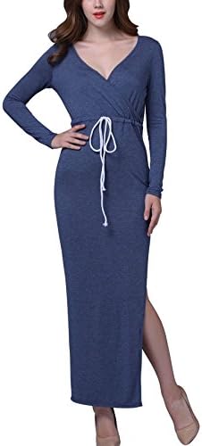 Women Long Sleeve Deep V Neckline Maxi Dresses Slit Nursing Dress Casual Blue