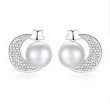 Pearl Studs Material: Oro blanco plateado Luna, estrella de plata pavé circonita cúbica con perla Planeta. Plata de ley 925, decorada con Austria Cubic Zirconia. Sin níquel y sin plomo. Adecuado para casi todos los oídos sensibles