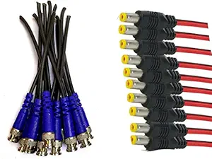 Super Combo Pack of 10 Pcs BNC Connector(Blue) with Copper Wire 16 cm and 10 Pcs DC Power Pin Male Cables with Copper Wire Connectors for CCTV Camera