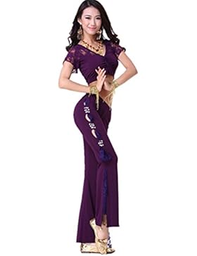 Dancewear Danza del ventre Custome Lace Manica cortas Bandage Top+Milk Silk Hollow Pantaloni purple