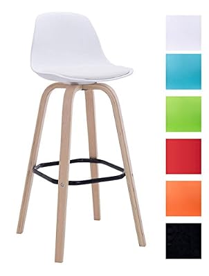CLP Tabouret de bar design AVIKA, piètement nature, revêtement en similicuir, avec dossier et repose-pieds blanc