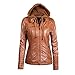 Produktbild Sannysis Damen Kunstleder Lederjacke Motorrad Jacke mit Reißverschluss und Kapuzen Bikerjacke Übergangsjacke Motorradjacke Kapuzenjacke Ladies Oberbekleidung (L, Braun)