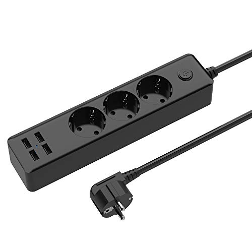 Preisvergleich Produktbild szdavsi Mehrfachsteckdose Steckdosenleiste 2200W10A Steckerleiste mit Überspannungsschutz Schalter 3 Fach Steckdosen 4 USB und 1,8 m Kabel für Schreibtisch Zuhause Büro – Schwarz