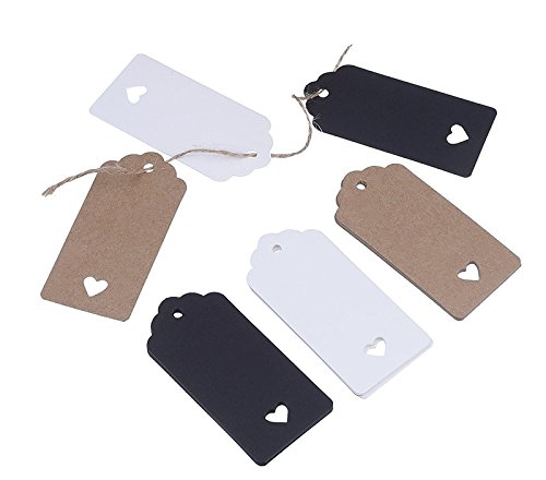 Cosanter 100 Stück Kraftpapier Etiketten Tags Geschenk Anhänge Papieranhänger Hängeetiketten Anhängeetiketten, ohne Schnüren, für Geschenke, zum Basteln, als Preis-Etiketten Rectangular With Heart Schwarz 9.5CM x 4.5 CM - 3