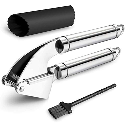 Home Servz Prensa ajos,Kit de Prensa de ajo de Acero Inoxidable, peladoras de Rodillos de Silicona y Cepillo de Limpieza, Asas ergonómicas con picadora de Canasta de Gran Capacidad,