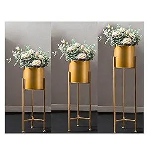 Weston Crafts Metal Indoor Plant Stand with Planter Pot, Gold, 3 Pieces