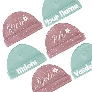 Lillypupp Personalized Customized Baby caps with Name Gift Set of 2 for New Born Baby boy Girl 0-6 Months. Combo Pack of Baby Soft caps in Attractive Prints.