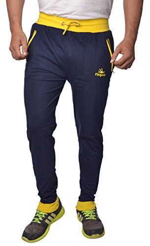Finger's Men's Cotton Track Pants (TPNBY_Navy Blue-Yellow_Free Size)