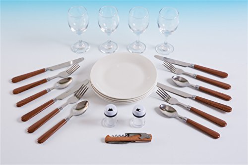 eGenuss LY1801RED cesta de picnic canasta de mimbre cubertería vidrio cerámica acero inoxidable para 4 personas color miel rojo Baviera 43 (L) X 30 (W) X 20cm (H) - eGenuss