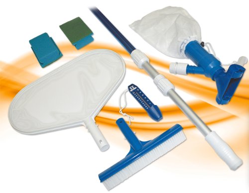 Steinbach Poolreinigung Grundreinigungsset für jedes Schwimmbad (Thermometer, 2x Handschrubber, Beckenreinigungsbürste, Laubkescher, Teleskopstange, Bodensauger), Mehrfarbig, 7-teilig - 3