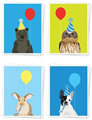Assorted Premium Birthday Greeting Cards - Set of 4 Cards Including: Owl, Brown Bear, Rabbit and French Bulldog - for Him, Her, Child or Adult