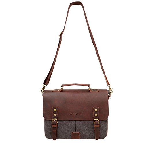 bupell Umhängetasche für Laptop und Akten aus echtem Büffel-Leder und Canvas – Für Notebooks bis 14″ – Unisex Vintage Messenger Bag, Aktentasche, Schultertasche, Notebooktasche – - 6