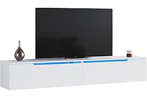SONNI TV-Schrank, Fernsehtisch, TV-Regal, Lowboard Hochglanz, Hängend mit LED-Beleuchtung, 12 Farben können eingestellt Werden, 2 Schränken für Wohnzimmer und Schlafzimmer 180x35x30cm Weiß GTV009W-180